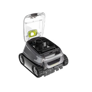 Robot piscina cordless Zodiac CNX-Li 5220 iQ grigio con coperchio aperto.