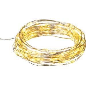 Catena luminosa LED in rame con 100 LED bianco caldo su filo argentato, 505 cm.