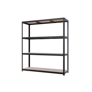 Scaffale in metallo nero con quattro ripiani per stoccaggio e organizzazione.