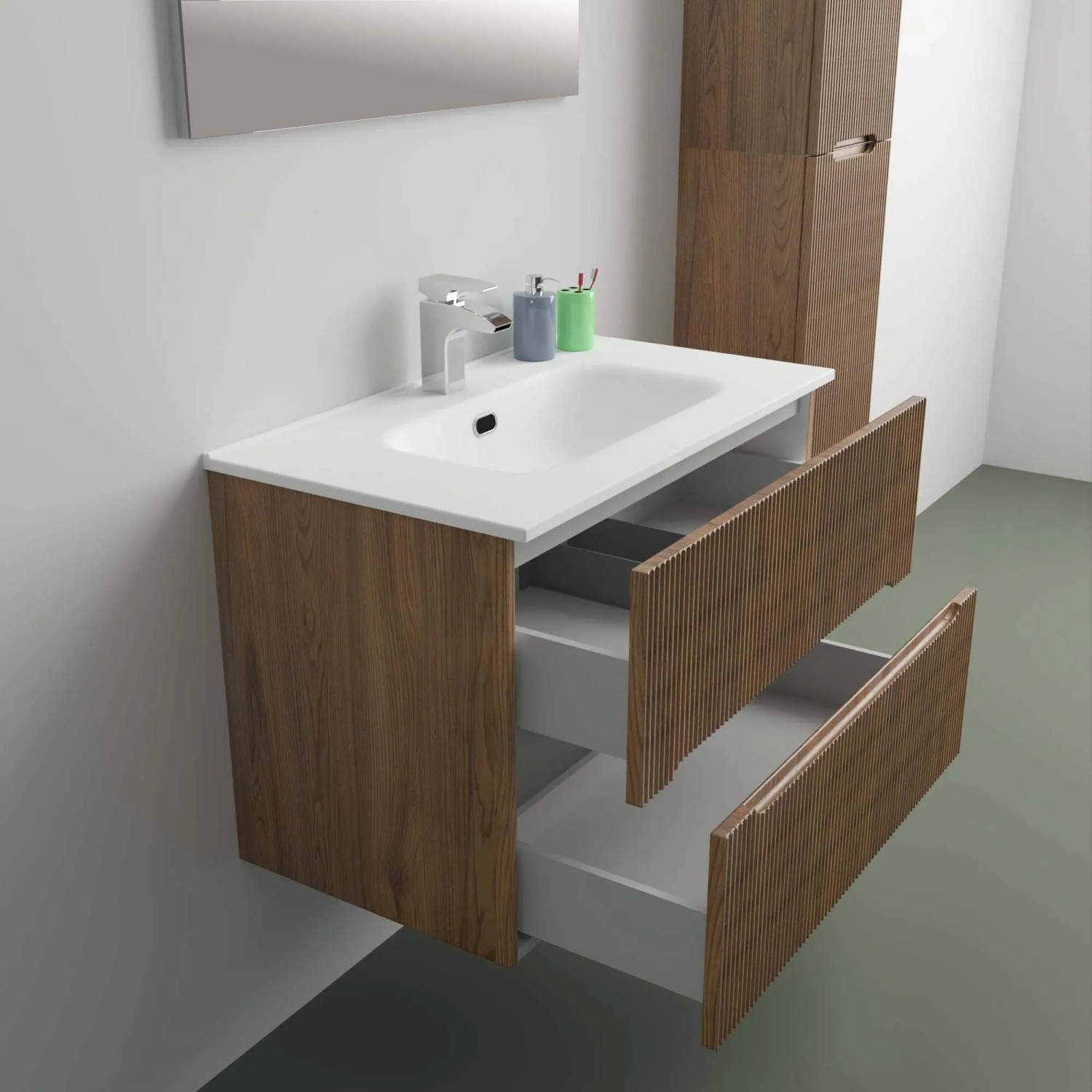 Mobile bagno t.b.t. con cassetti aperti, parte della serie di mobili bagno.