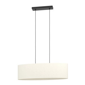 Moderna lampada a sospensione t.b.t. con paralume ovale color crema per interni.