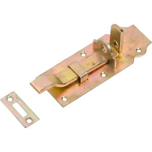 Catenaccio per porta zincato giallo, piegato, 140x45mm, con contropiastra da avvitare per porte e cancelli.