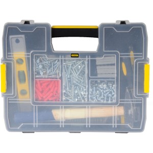 Organizer Stanley SortMaster Junior con diverse piccole parti come viti e tasselli.