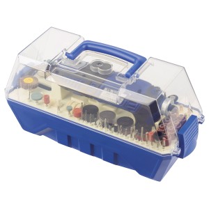 Set modellismo e incisione LUX MBS-160 in valigetta blu con accessori.