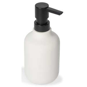 Dispenser sapone bianco con erogatore nero.