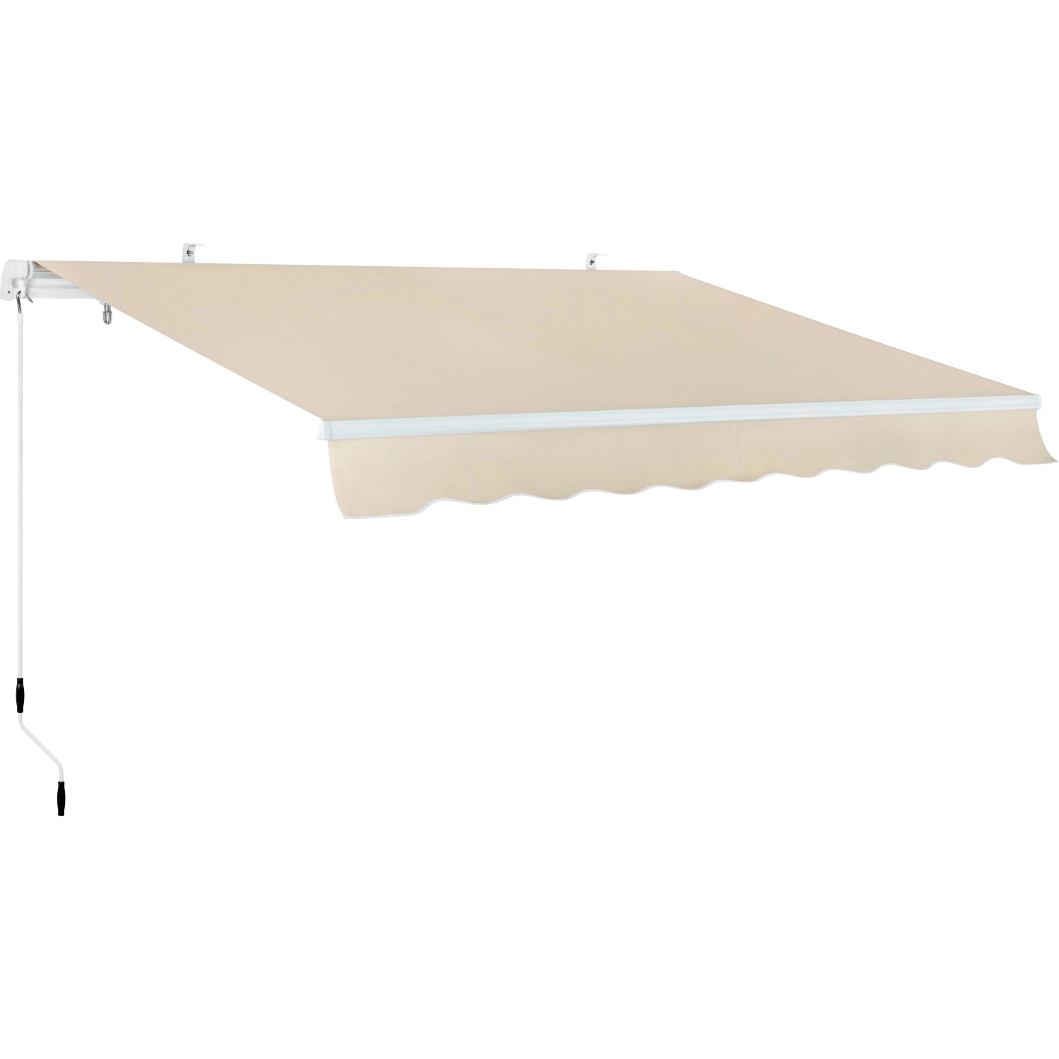Tenda da sole beige con manovella per terrazza e balcone.