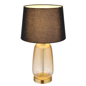 Elegante lampada da scrivania con paralume nero e base in vetro ambrato.