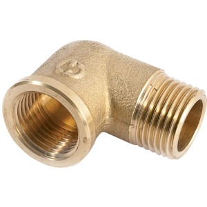 Raccordo a gomito in ottone con filettatura maschio e femmina per tubi in acciaio.