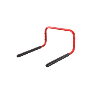 Supporto a parete rosso per bicicletta con bracci gommati per un fissaggio sicuro.