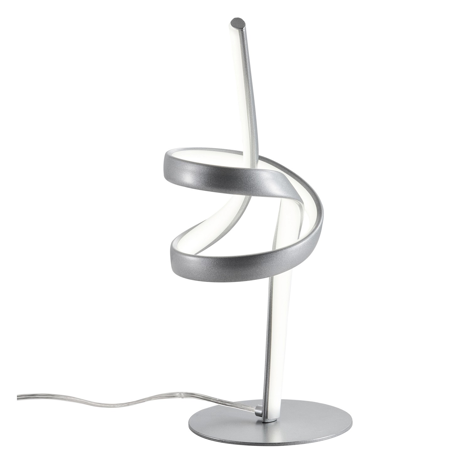 Moderna lampada da tavolo a LED con design a spirale in argento.
