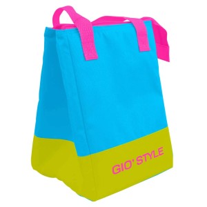 Borsa termica t.b.t. blu e gialla con manici rosa per il campeggio.