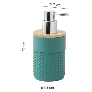 Dispenser sapone verde con coperchio in bambù e testina a pompa argentata.