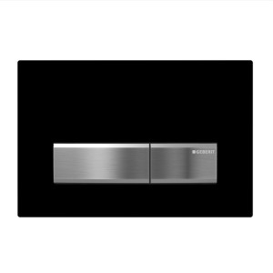 Placca di comando WC nera con due pulsanti argentati.