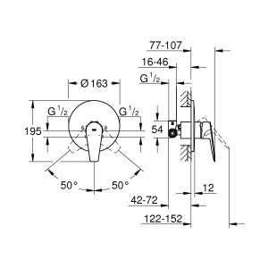 Disegno tecnico: Miscelatore doccia t.b.t. con dimensioni.
