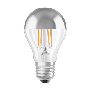 Lampadina LED E27 con calotta argentata a specchio per illuminazione decorativa.