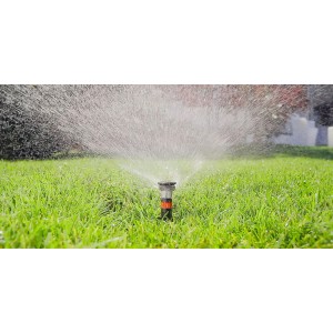 Irrigazione con un irrigatore a scomparsa t.b.t. in prato verde.