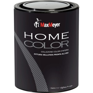 Barattolo di pittura per interni MaxMeyer Home Color, barattolo scuro con scritte.