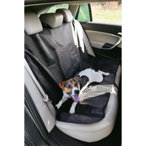 Coprisedile auto nero con cane sul sedile posteriore. Ideale per proprietari di animali domestici.