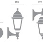 Disegno tecnico dell'applique da esterno t.b.t. con dimensioni.