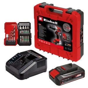 Einhell Power X-Change Trapano avvitatore a percussione TE-CD 18/2 Li-I Set con batteria, caricabatterie, set di punte e inserti in valigetta.
