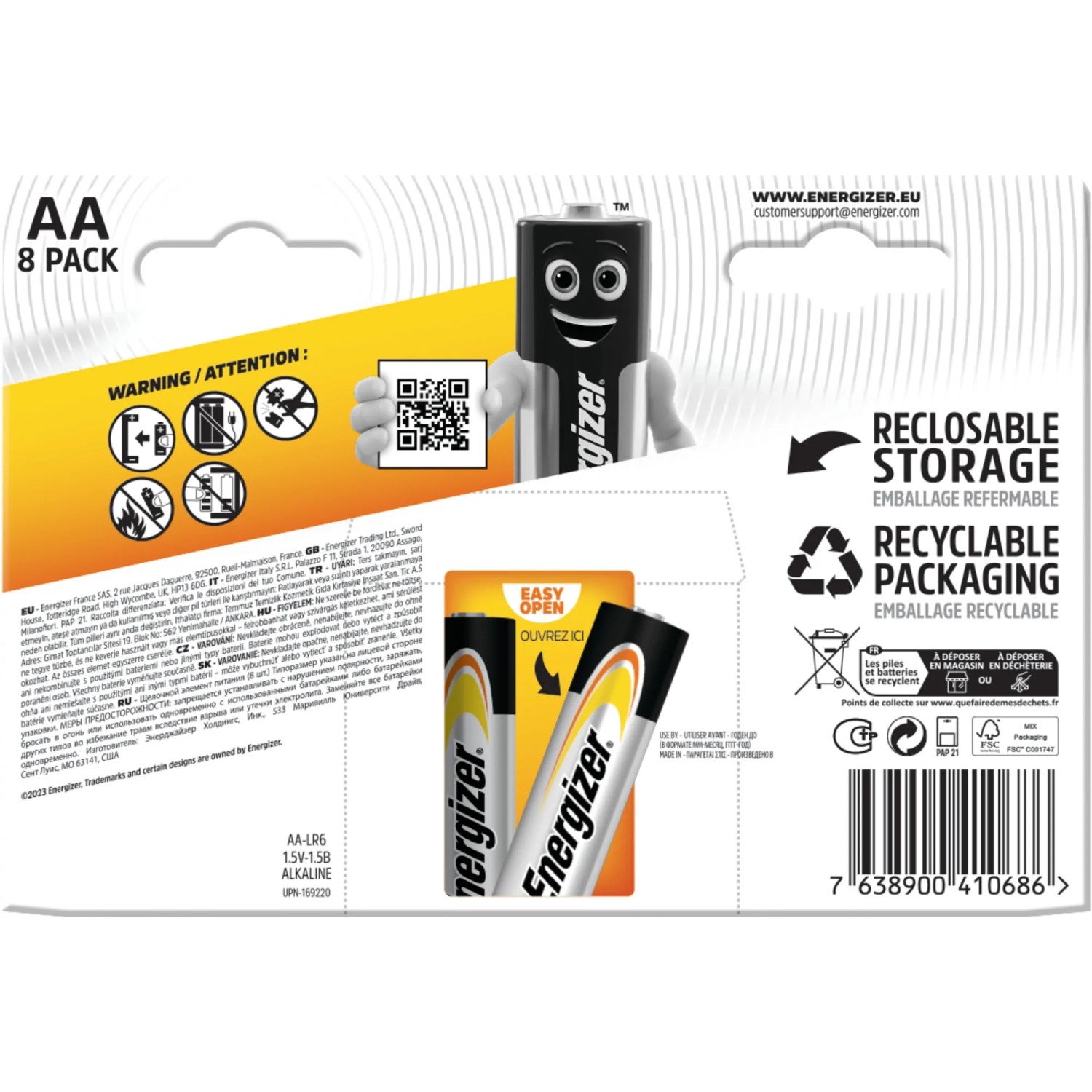 Energizer Alkaline Power AA batterie, confezione da 8. Batterie stilo a lunga durata per dispositivi di uso quotidiano.
