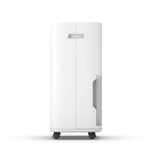 Deumidificatore portatile bianco t.b.t. con ruote e serbatoio dell'acqua.