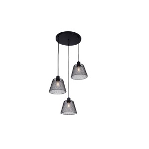 Lampada a sospensione nera con tre paralumi a filo metallico, Categoria: Sospensioni.