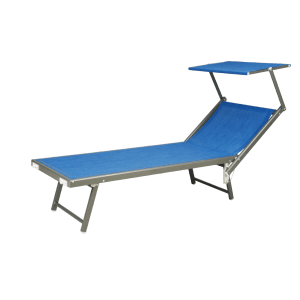 Lettino da spiaggia blu con tettuccio parasole, ideale per il relax all'aperto.