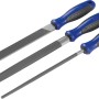 Set lime Comfort LUX-TOOLS, 3 pezzi, 200 mm, con lima piatta, tonda e mezzatonda e manici blu-grigi.