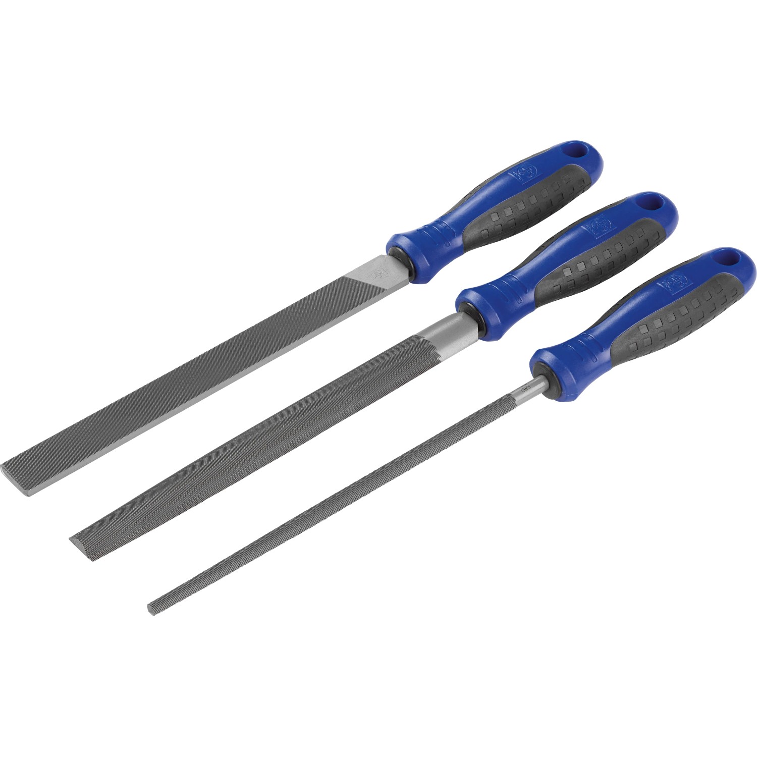 Set lime Comfort LUX-TOOLS, 3 pezzi, 200 mm, con lima piatta, tonda e mezzatonda e manici blu-grigi.