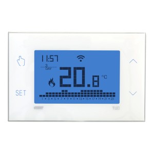 Termostato digitale per il controllo della temperatura, design bianco.