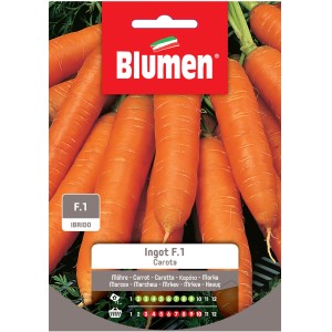 Confezione di semi di carote "Ingot F.1" di Blumen, carote arancioni sullo sfondo.