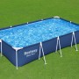 Piscina rettangolare Bestway Steel Pro con vasca blu e telaio bianco su prato verde.