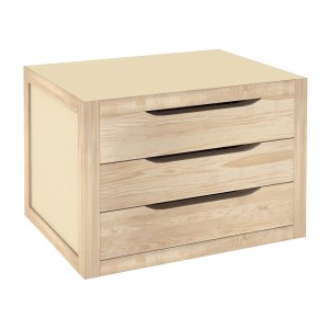 Cassettiera t.b.t. con tre cassetti in legno chiaro e superficie beige.