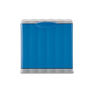 Cestino t.b.t. blu con coperchio e base grigi.