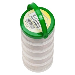 Assortimento di viti per truciolare a testa svasata, attacco PZ, varie misure in contenitore trasparente con coperchio verde.