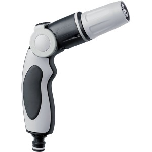 Pistola a spruzzo da giardino grigia e nera per irrigazione.