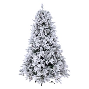 Albero di Natale artificiale innevato con pigne, ideale per decorazioni festive.