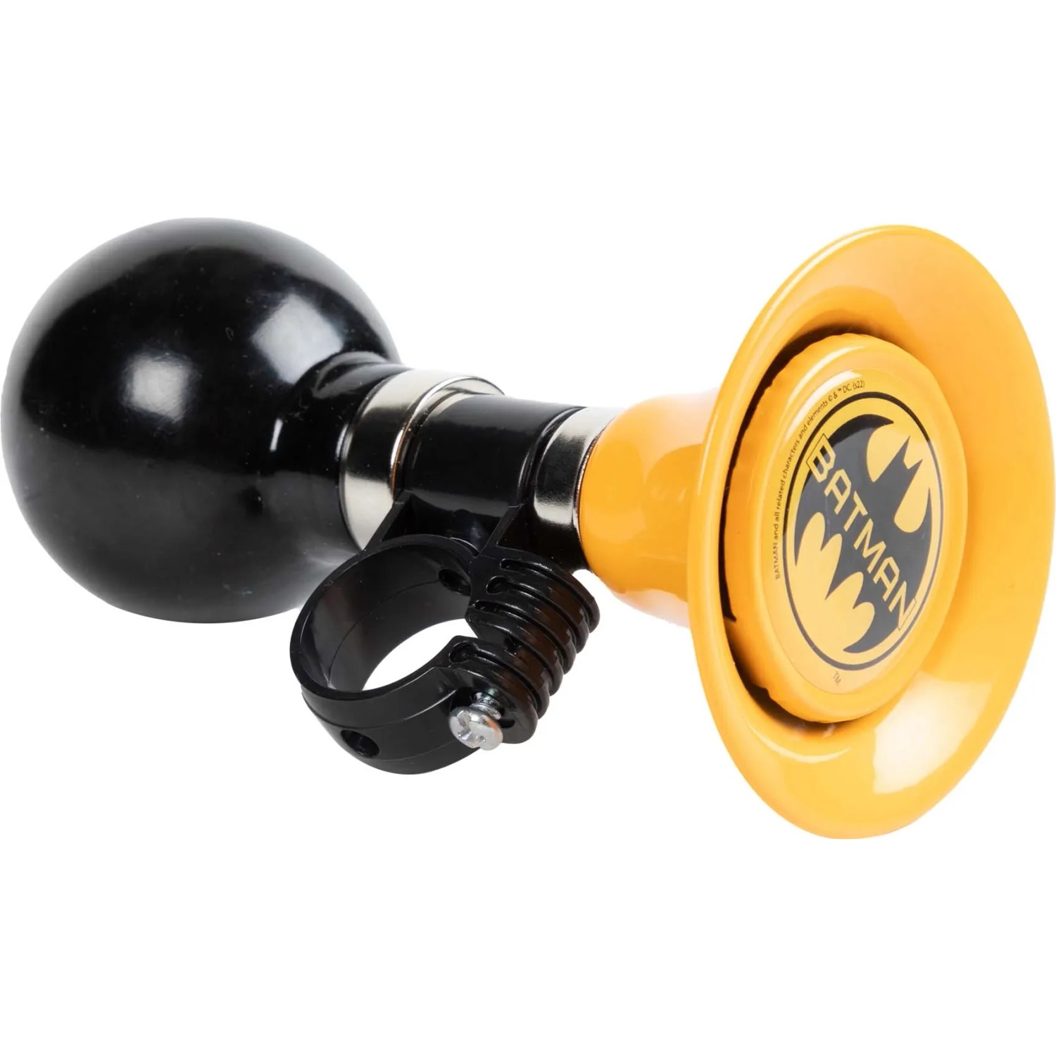 Campanello bici Batman giallo con manico nero per montaggio su manubrio.