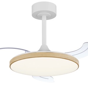 Plafoniera LED moderna con effetto legno ed elementi bianchi.