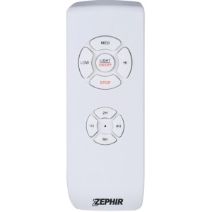 Telecomando bianco per ventilatore con controllo velocità e luce.