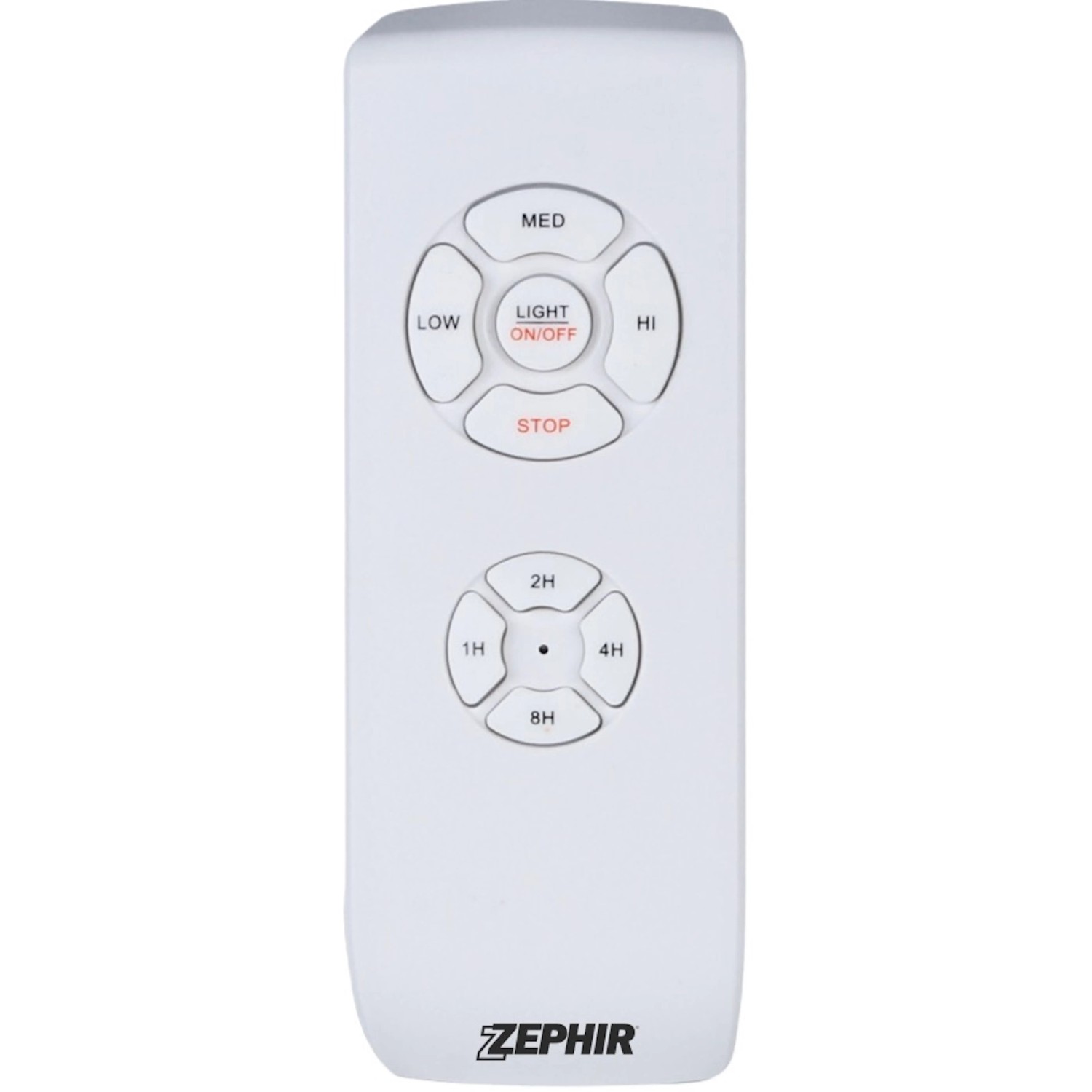Telecomando bianco per ventilatore con controllo velocità e luce.