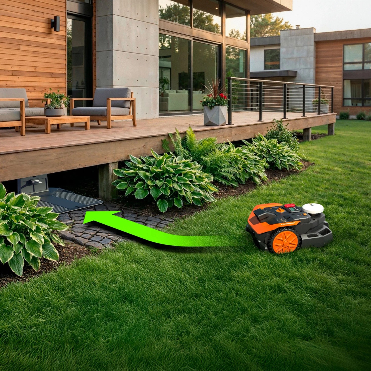 Robot rasaerba Worx M800 Vision senza cavo in giardino con freccia verde verso la stazione di ricarica.