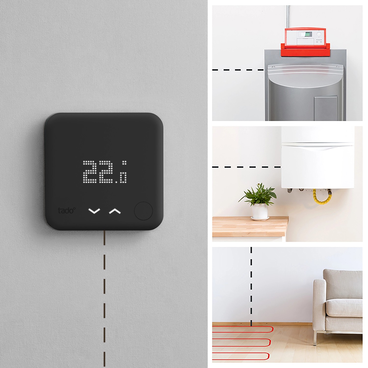 tado° Smart Thermostat Starter Kit V3+ Black Edition per il controllo del riscaldamento smart home.