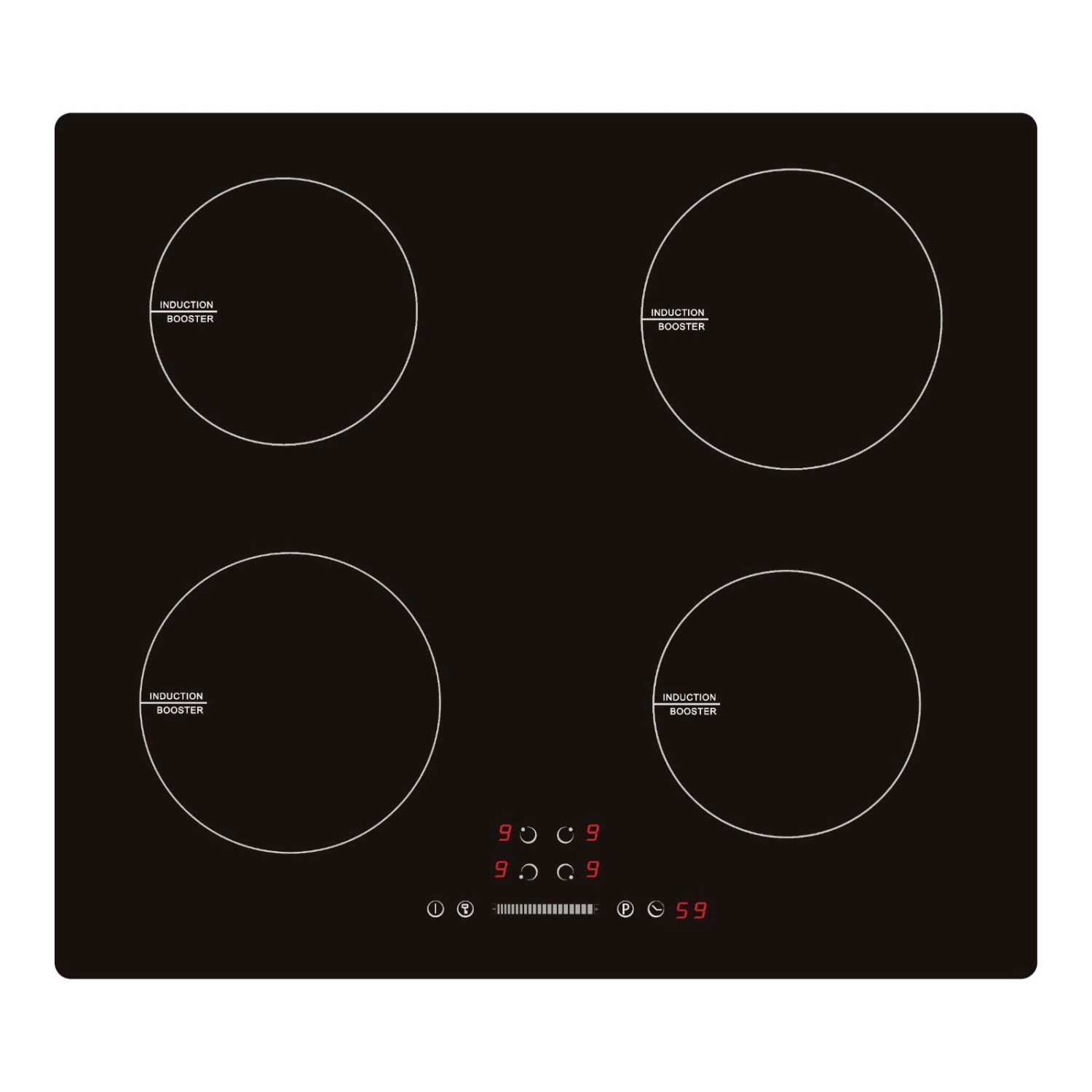 Piano cottura a induzione nero t.b.t. con quattro zone di cottura.