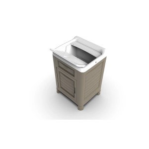 Lavatoio t.b.t. con mobiletto in beige e bianco.