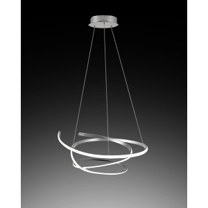 Moderna lampada a sospensione t.b.t. con anelli curvi color argento e luce LED integrata.