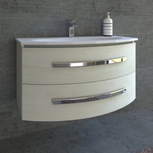 t.b.t. Mobile bagno in legno chiaro con due cassetti e maniglie cromate.