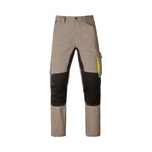 Pantaloni da lavoro t.b.t. beige con rinforzi neri sulle ginocchia. Abbigliamento da lavoro resistente.