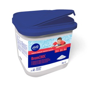 Disinfezione acqua piscina BromCHOC Gre con coperchio blu.
